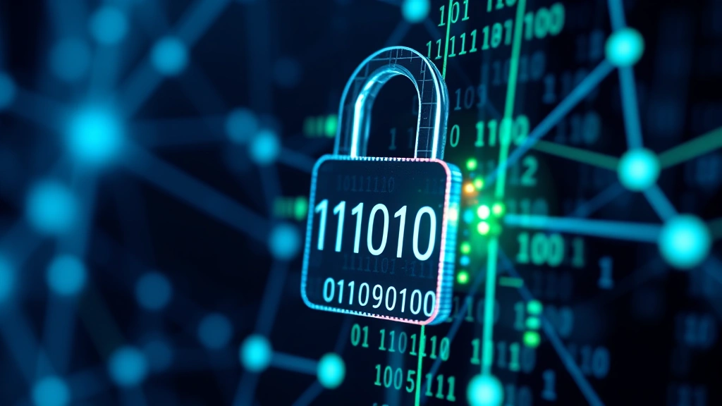Close-up of padlock integrated with digital binary code and encryption symbols, representing data protection and cybersecurity, glowing blue and green lights, abstract network connections in background