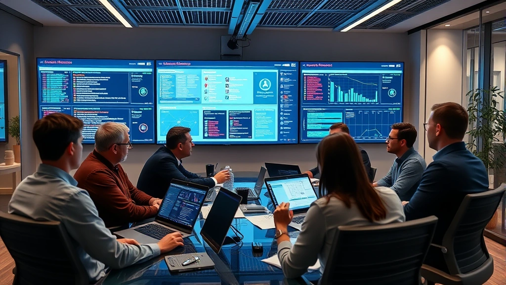 Team of cybersecurity experts in modern office conducting incident response meeting, examining security alerts on large display screens, reviewing threat intelligence reports, professional collaborative environment