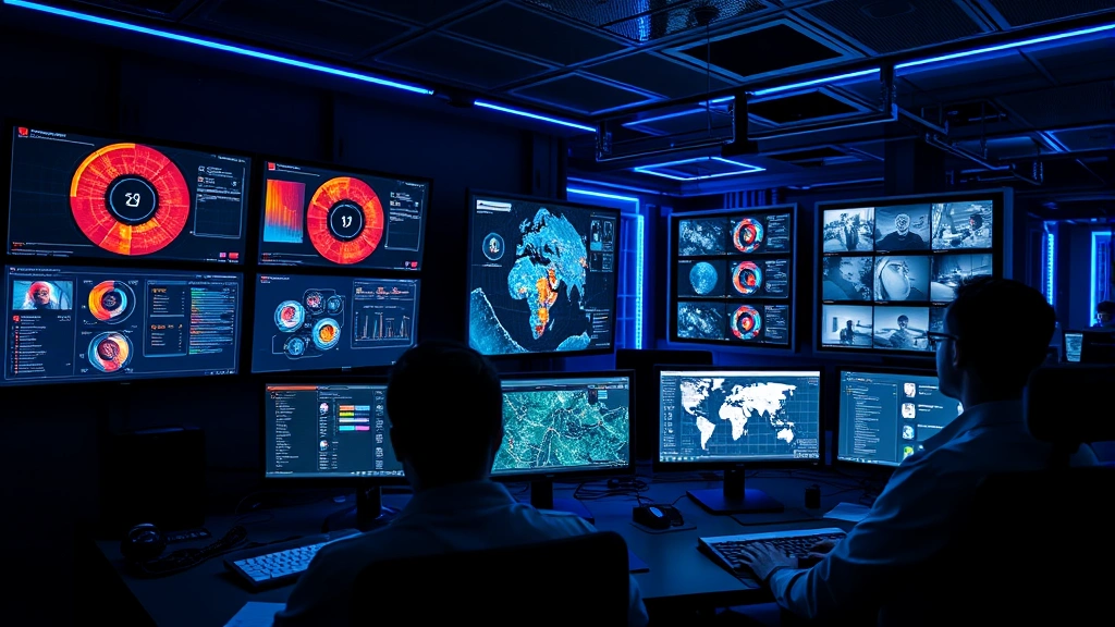 Modern security operations center with multiple monitors displaying real-time threat detection dashboards, thermal imaging feeds, and surveillance camera views. Professional cybersecurity analysts monitoring systems in dimly lit facility with blue accent lighting and advanced technology infrastructure visible in background.