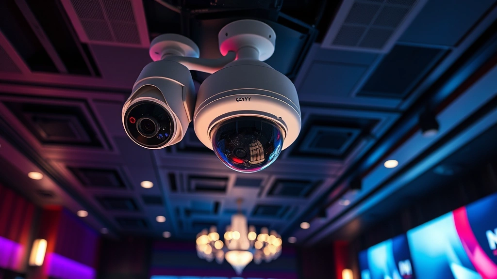 Advanced CCTV surveillance camera mounted on theater ceiling with thermal imaging capability, showing professional installation in modern entertainment venue. Camera positioned for optimal coverage of entry point with contemporary security design, crisp focus on sophisticated surveillance hardware.