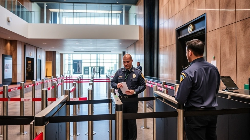 Security personnel in professional uniform conducting access control at reinforced theater entrance with badge readers and biometric authentication systems visible. Modern facility design with security barriers and controlled access architecture, showing professional security operations in contemporary entertainment venue environment.