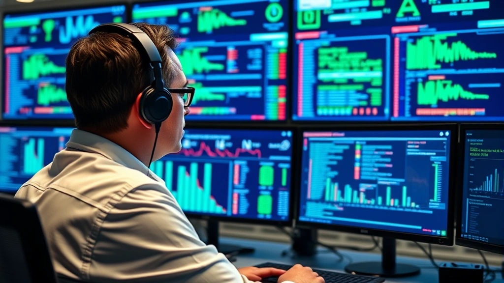 A cybersecurity professional monitoring multiple screens displaying network traffic and security alerts in a modern control center, with blue and green data visualizations, no visible code or text, professional office environment with focused lighting