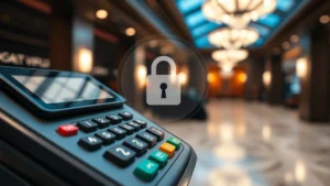 Close-up of secure payment terminal with padlock hologram overlay, modern theater lobby background with soft lighting, professional and trustworthy appearance