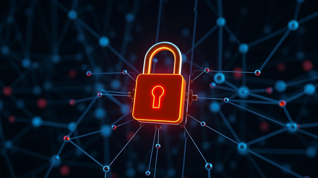 Digital lock mechanism with glowing padlock symbol protecting interconnected data nodes, representing encryption and data protection, abstract network background with flowing data streams, photorealistic 3D rendering, dark background