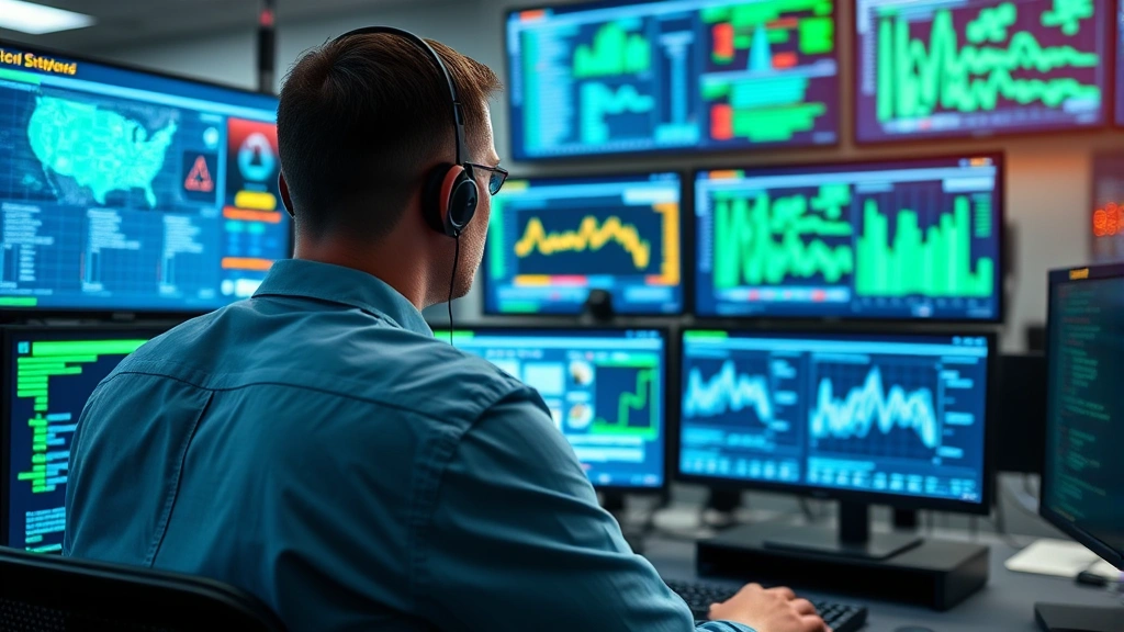 Cybersecurity analyst monitoring network traffic on multiple screens showing real-time threat detection dashboards and security metrics in a modern operations center with blue and green data visualizations