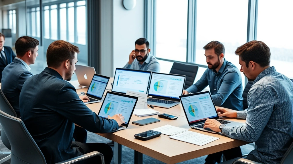 Team of security professionals in a conference room conducting risk assessment meeting with laptops showing security frameworks and compliance checklists, focused and collaborative atmosphere