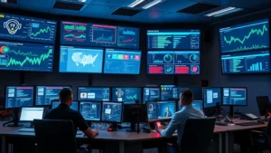 Cybersecurity operations center with multiple monitoring stations displaying network dashboards, threat alerts, and security metrics on large screens, professional security analysts at workstations in modern facility