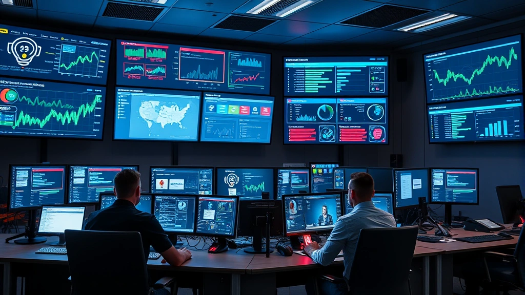 Cybersecurity operations center with multiple monitoring stations displaying network dashboards, threat alerts, and security metrics on large screens, professional security analysts at workstations in modern facility