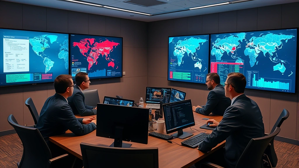Professional security team in conference room reviewing threat intelligence reports and incident data on large displays, collaborative environment with maps and security frameworks visible on walls