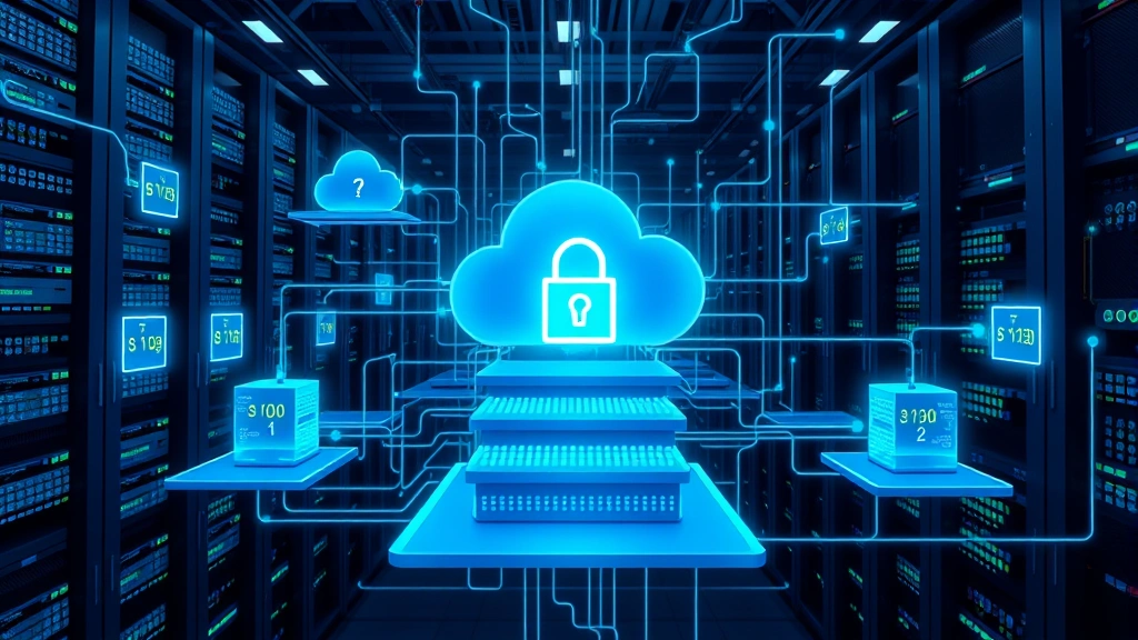 Network security infrastructure visualization showing interconnected systems, firewalls, and data protection layers in a data center or cloud environment, blue and green color scheme, photorealistic technical setting