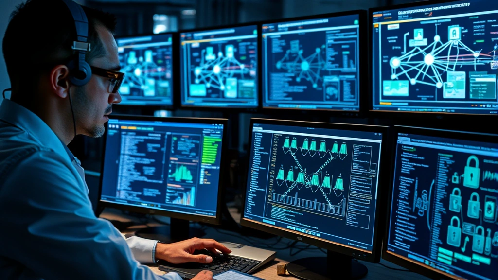 Digital forensics specialist examining data on multiple computer monitors with network diagrams and security protocols displayed, focused analytical work environment with advanced security infrastructure visible