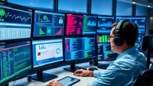 Cybersecurity professional monitoring multiple computer screens displaying network traffic analysis, security dashboards, and threat detection alerts in a modern SOC environment with blue and green data visualizations