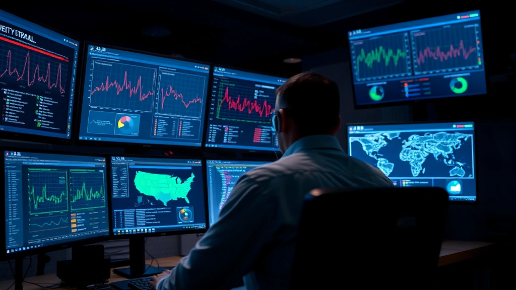 Cybersecurity analyst monitoring multiple screens displaying network traffic analysis and threat detection dashboards in a modern security operations center