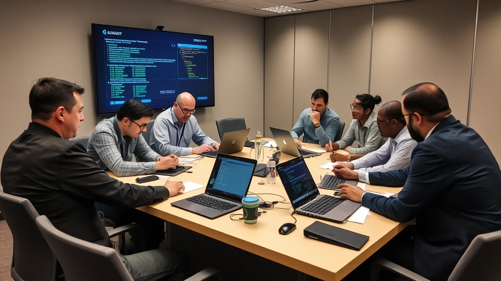 Security team conducting incident response tabletop exercise with professionals reviewing incident response procedures and discussing recovery strategies