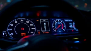 Close-up of car dashboard with illuminated digital displays and touchscreen showing connected vehicle systems, modern sedan interior, cybersecurity theme with subtle digital overlay effects