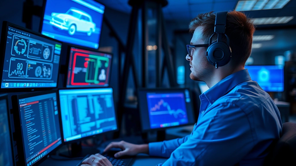Network security specialist monitoring vehicle threat detection systems on multiple computer screens in a control center, focused technician reviewing cyber attack data, blue-tinted professional environment