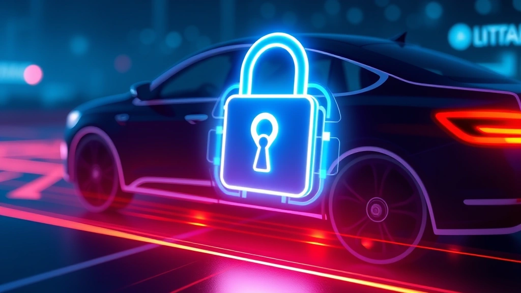 Padlock symbol integrated with vehicle outline, digital security concept, representing automotive cybersecurity protection and data privacy, modern minimalist design with glowing elements