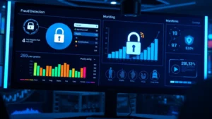 Professional cybersecurity analyst monitoring payment card fraud detection dashboard with digital lock icons and secure transaction indicators, modern tech environment with blue security lighting