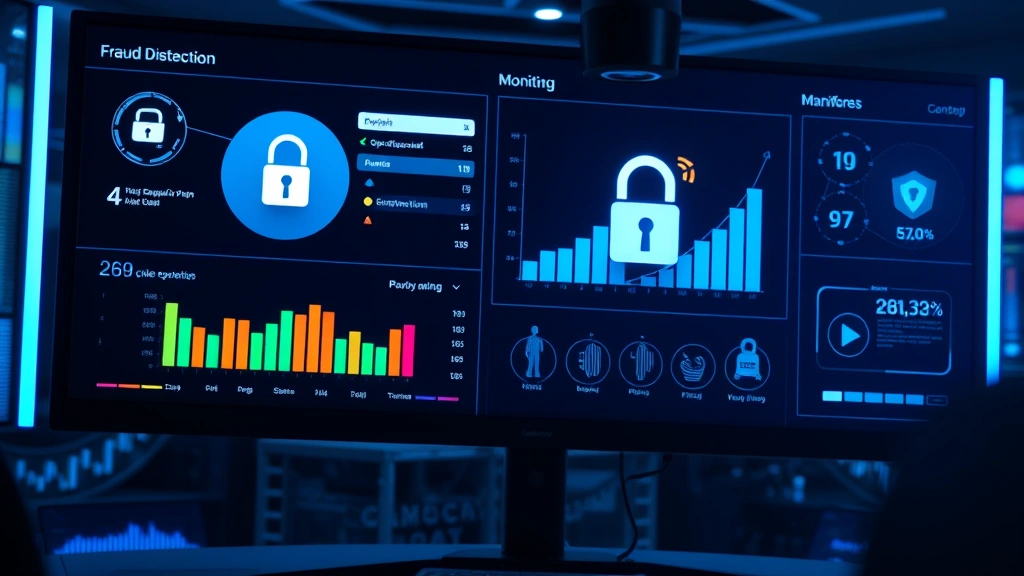 Professional cybersecurity analyst monitoring payment card fraud detection dashboard with digital lock icons and secure transaction indicators, modern tech environment with blue security lighting