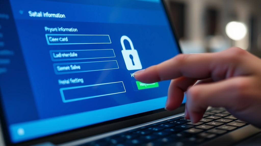 Close-up of hands entering card information on secure encrypted checkout page with padlock symbol and HTTPS protocol visible, modern laptop with professional lighting