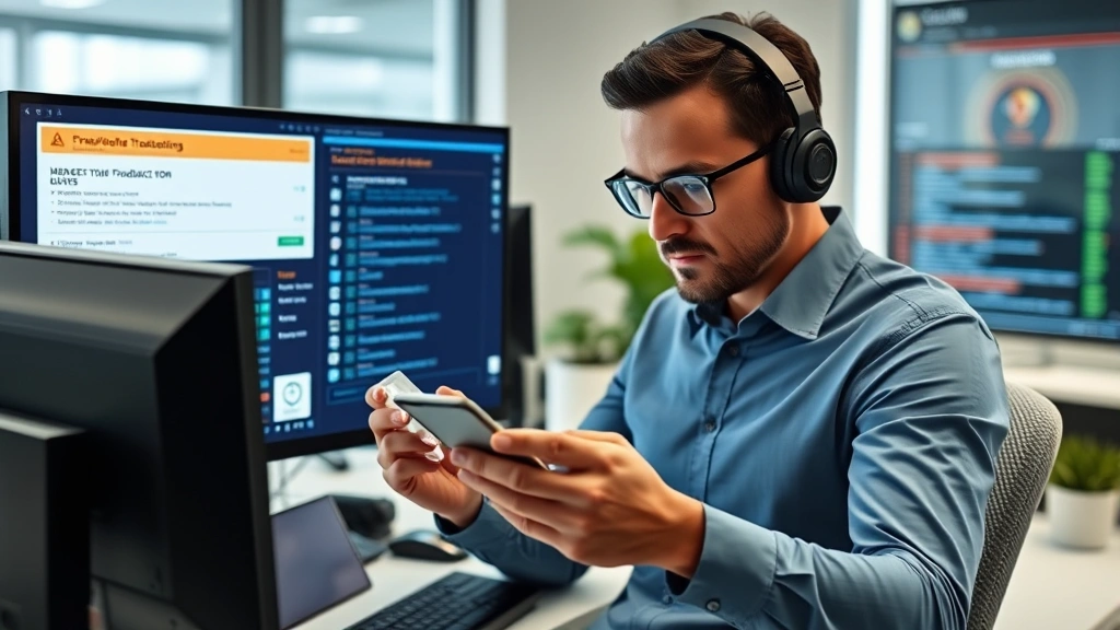 Cybersecurity expert reviewing fraudulent transaction alerts on mobile device and computer monitor simultaneously, office environment with security warning indicators displayed