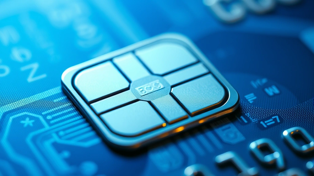 Close-up of a secure credit card chip with holographic security elements, soft blue lighting, professional financial security imagery, no text or numbers visible