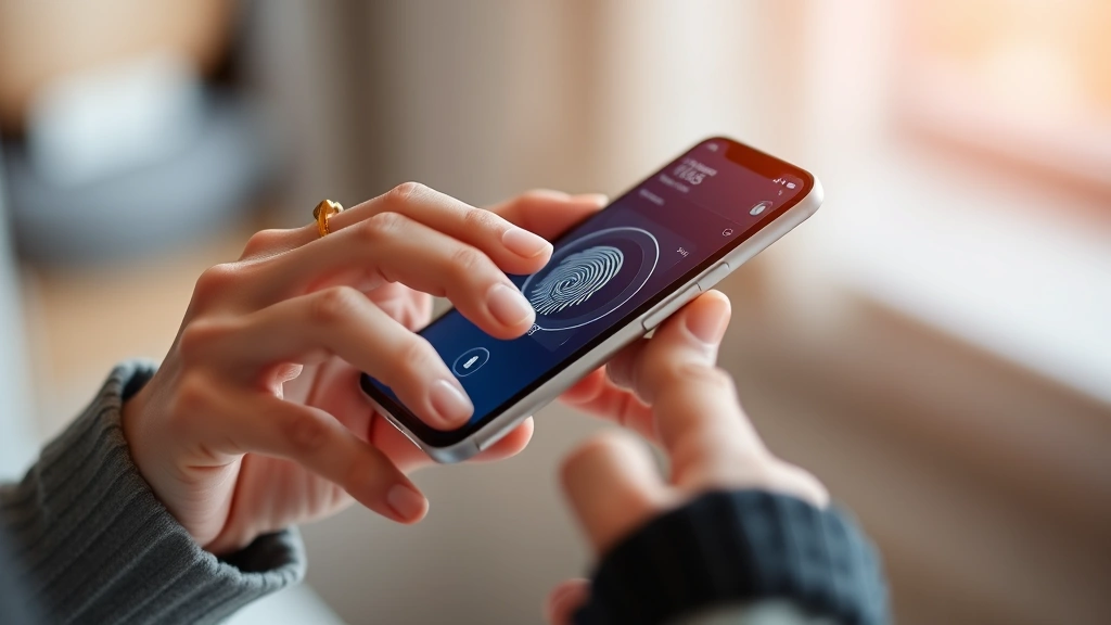 Person's hands using smartphone with mobile wallet payment interface, biometric fingerprint authentication highlighted, secure transaction moment captured, clean modern aesthetic