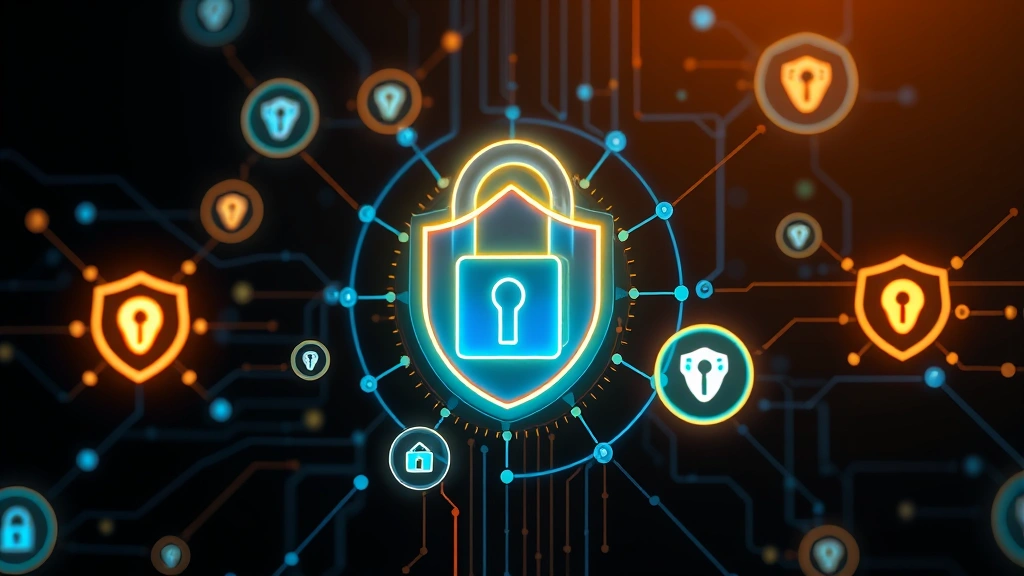 Digital lock icon with encryption padlock surrounded by shield symbols and security network nodes, abstract cybersecurity visualization, dark professional background with glowing security elements