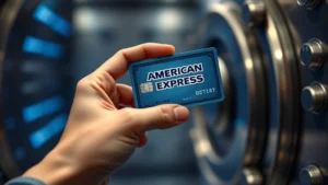 Photorealistic image of a hand holding an American Express credit card in a secure vault setting with soft blue security lighting and blurred background, emphasizing card protection and financial security