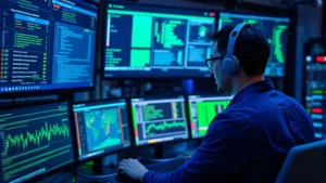 Digital security professional monitoring encrypted data streams and network traffic on multiple displays in a cybersecurity operations center with blue and green ambient lighting, showing real-time threat detection systems and security dashboard interfaces