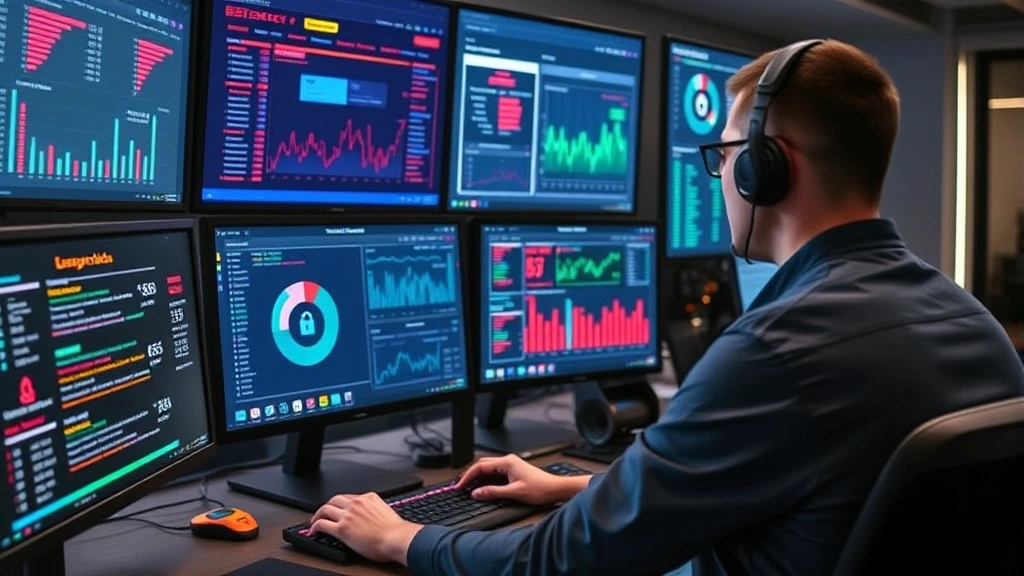 Cybersecurity analyst monitoring multiple screens displaying network security dashboards with threat detection alerts and real-time data protection metrics in a modern financial services control center
