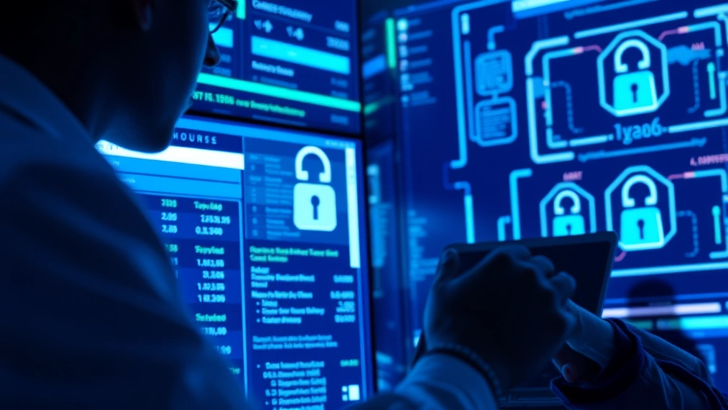 Cybersecurity expert analyzing encrypted financial transaction data with biometric authentication interface visible on transparent screens, showing security protocols and digital safeguards protecting sensitive information