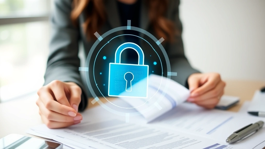 Professional woman reviewing financial documents and insurance paperwork with a digital padlock security icon overlaid, representing data protection and secure financial planning