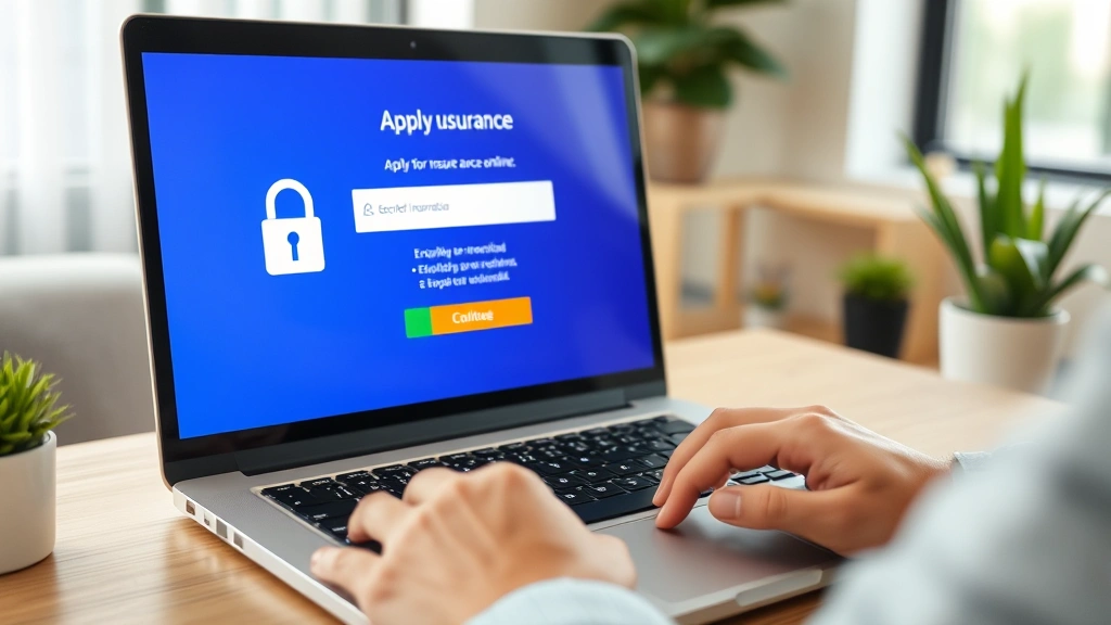 Person using secured laptop with padlock security icon and encrypted connection indicator visible, applying for insurance online with multi-factor authentication prompt displayed on screen in modern home office