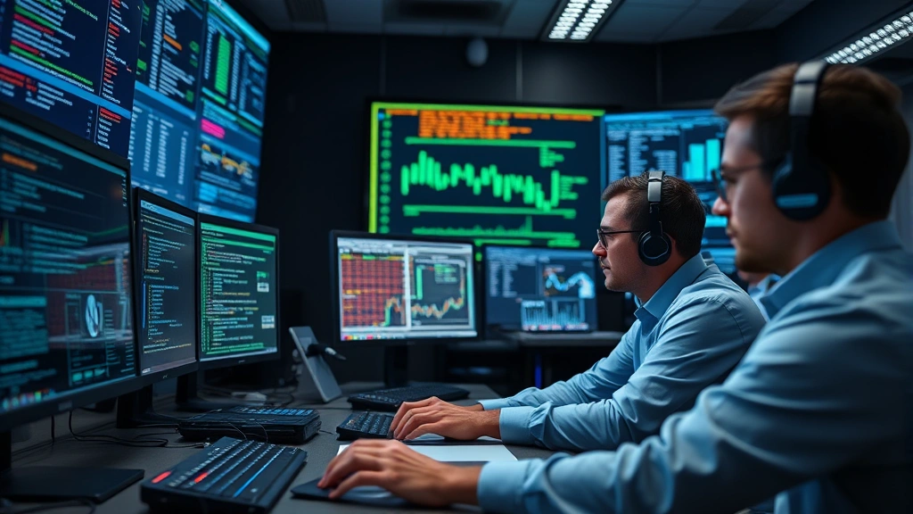 Team of cybersecurity specialists in a financial institution's security operations center analyzing threat intelligence reports and coordinating incident response procedures with focused concentration