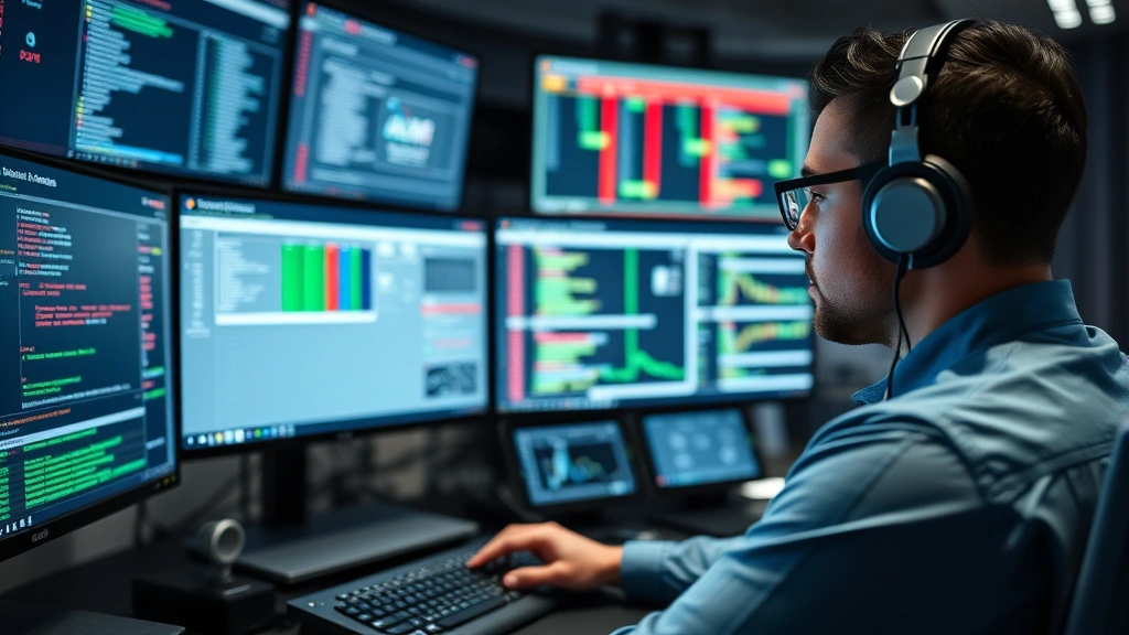 Professional cybersecurity analyst monitoring network traffic on multiple screens in a secure operations center, displaying real-time security alerts and system status indicators in a modern control room environment