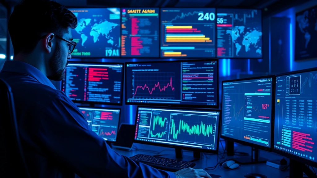 Professional cybersecurity analyst monitoring multiple digital screens displaying network traffic patterns and threat alerts in a modern security operations center with blue lighting and holographic data visualizations