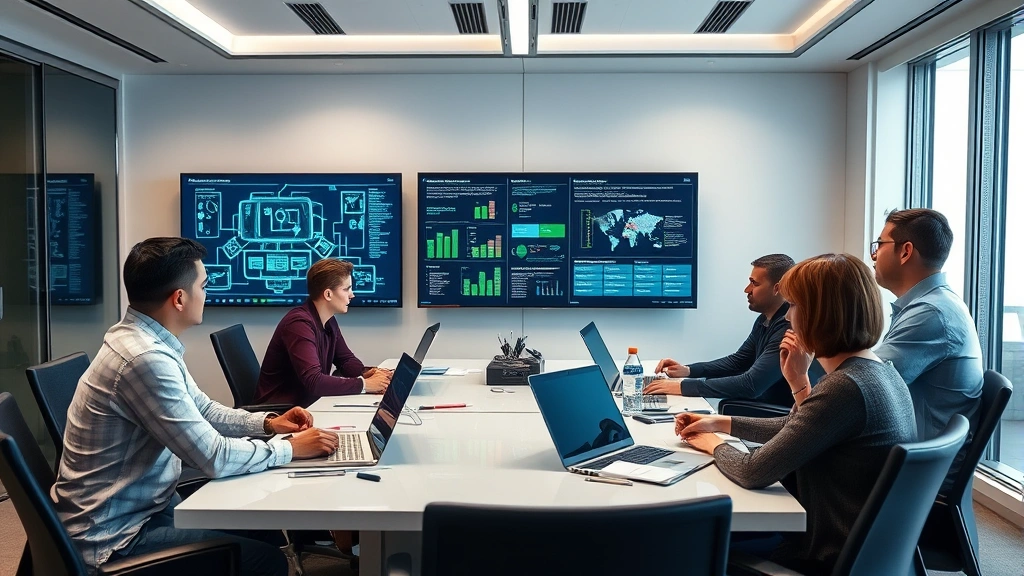 Diverse team of security professionals collaborating around a table in a high-tech conference room, reviewing security architecture diagrams and threat intelligence reports on large displays