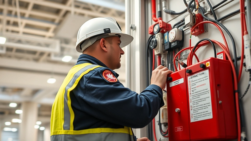 Fire protection technician in uniform working on alarm system panel inside a commercial building, with visible wiring and monitoring equipment, representing operational technology systems at risk