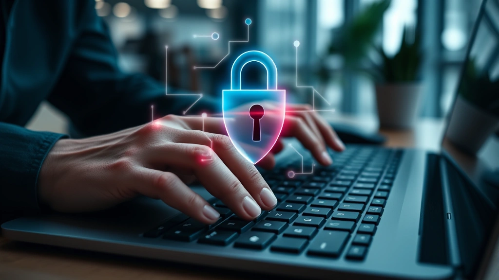 Close-up of cybersecurity professional's hands typing on keyboard with digital lock and shield icons floating above the keyboard, representing data protection and encryption in modern office setting
