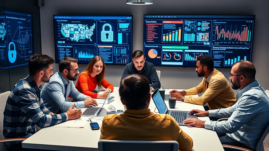 Team of diverse cybersecurity experts collaborating around a conference table with digital security architecture diagrams and threat intelligence dashboards displayed on large screens in background