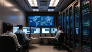 Digital archive server room with heritage institution staff monitoring security systems, multiple screens displaying network activity dashboards, secure lighting, professional environment protecting historical records