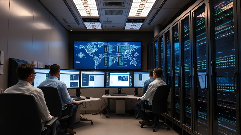 Digital archive server room with heritage institution staff monitoring security systems, multiple screens displaying network activity dashboards, secure lighting, professional environment protecting historical records