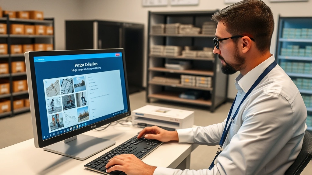 Museum curator examining digitized collection on secure workstation with multi-factor authentication displayed on screen, climate-controlled archive facility, preservation equipment visible in background
