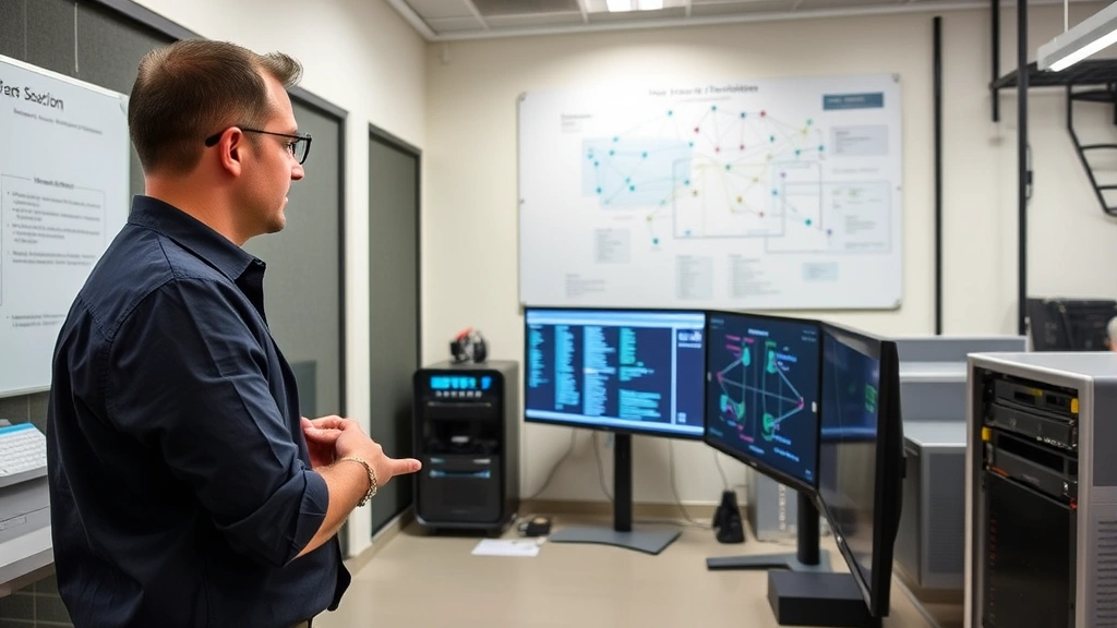 Heritage institution IT professional conducting security assessment with network diagram on wall, encryption protocols visible on monitor, backup systems and disaster recovery equipment in modern facility