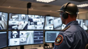 Professional security officer monitoring multiple high-resolution camera feeds on advanced control center display screens with real-time analytics and threat detection alerts