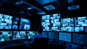 Professional security operations center with multiple monitors displaying live surveillance feeds, cybersecurity analysts monitoring camera systems, blue-tinted lighting emphasizing digital security infrastructure, no visible text or code on screens