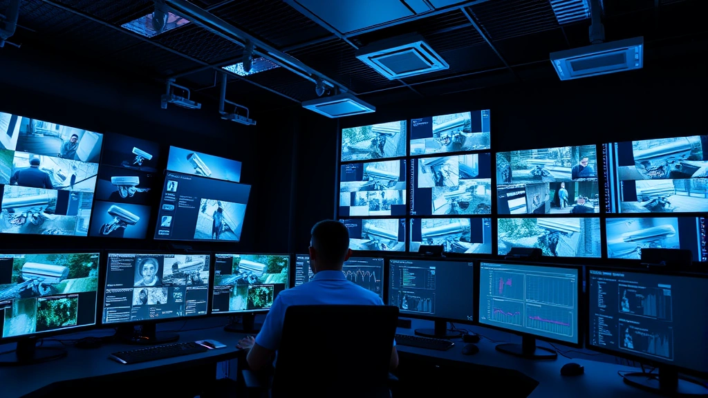 Professional security operations center with multiple monitors displaying live surveillance feeds, cybersecurity analysts monitoring camera systems, blue-tinted lighting emphasizing digital security infrastructure, no visible text or code on screens