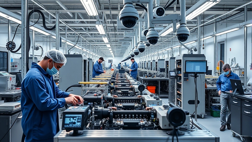 Modern American manufacturing facility with technicians assembling and quality-testing network surveillance cameras in clean room environment with precision equipment