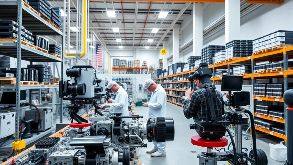 Manufacturing facility interior showing precision assembly of camera components, quality control testing equipment, American workers in clean room environment, industrial shelving with organized parts inventory, professional warehouse lighting